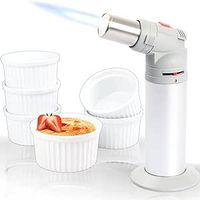 Stimo 2IN1 Flambierbrenner + 6X Schälchen Ø 9cm aus Keramik Ofenfest Gas Küche Brenner Creme Brulee Dessertschale Pasteten Tapas Soufflé Auflauf Förmchen (Set 6 Stück), Weiß